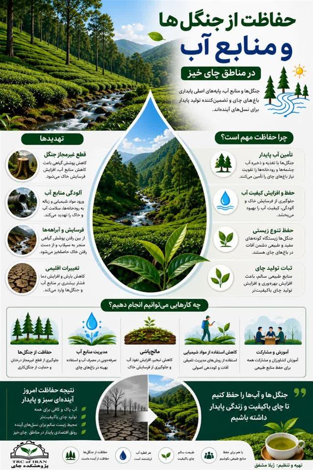 تهیه اینفوگرافیك در پژوهشكده چای با عنوان حفاظت از جنگل‌ها و منابع آب در مناطق چای‌خیز